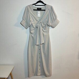 NWT Fabrik Coralie Puff Sleeve Button Front Midi Dress Gray Cream Small **STAIN